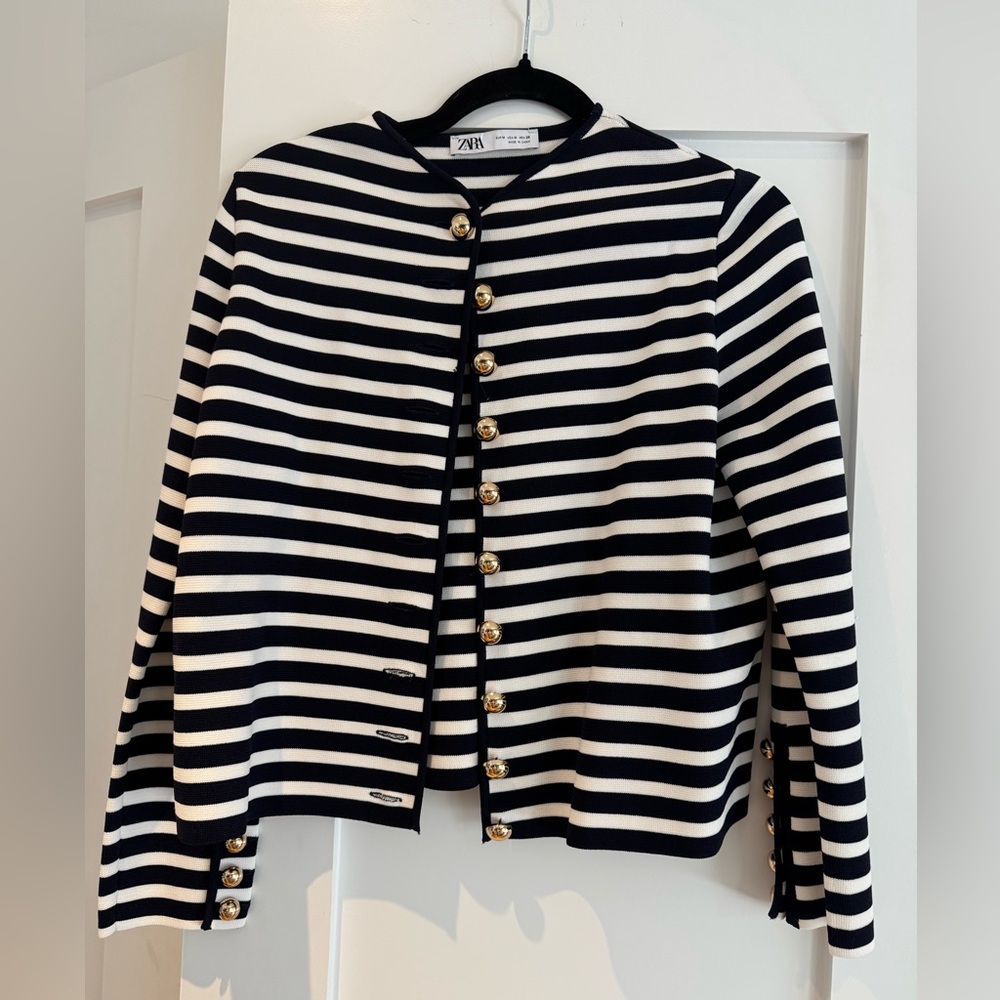 Zara Navy and White Striped Blazer with Gold Buttons